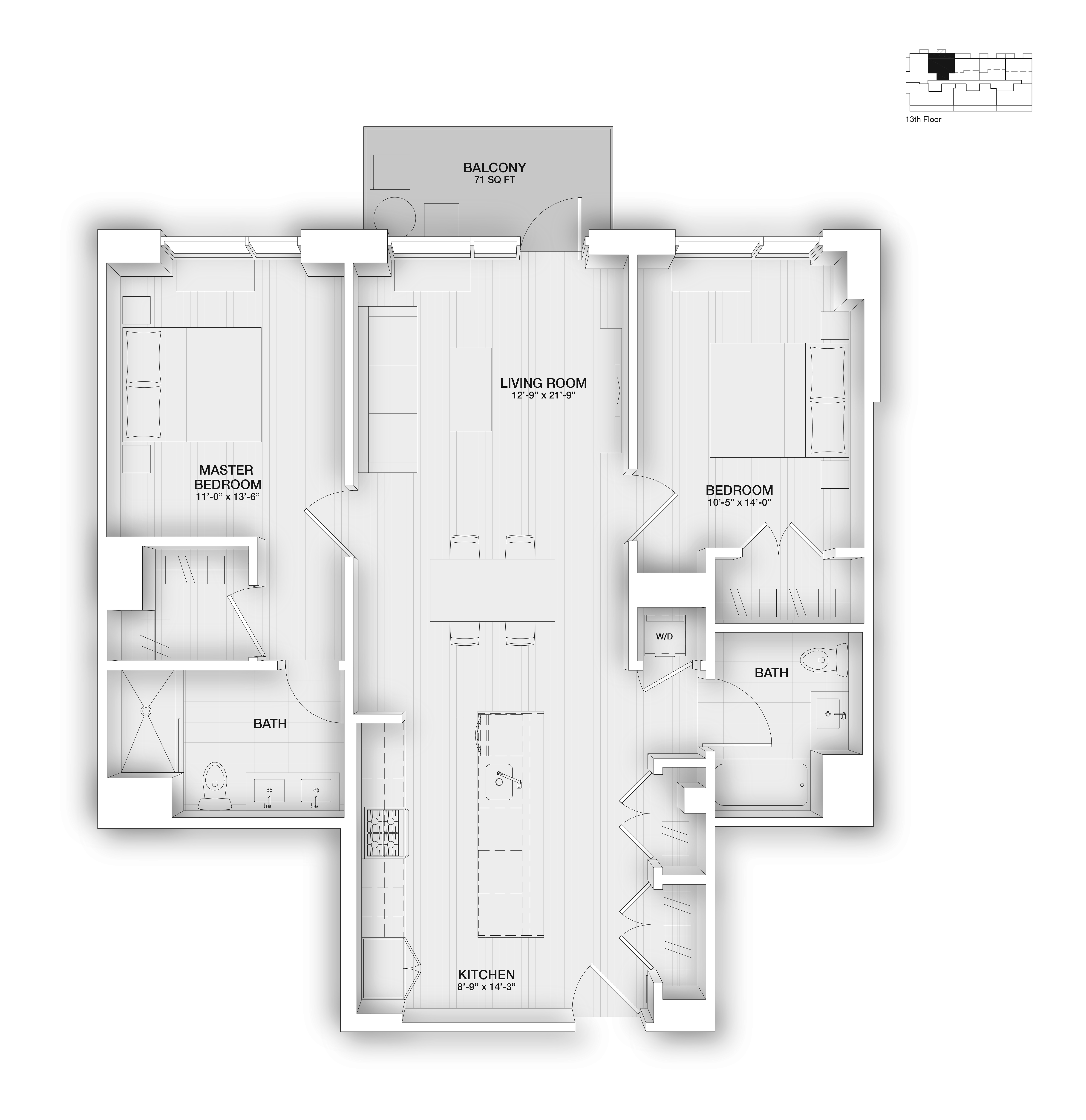 Floor plan for 2 beds, 2 baths, 1137 sqft